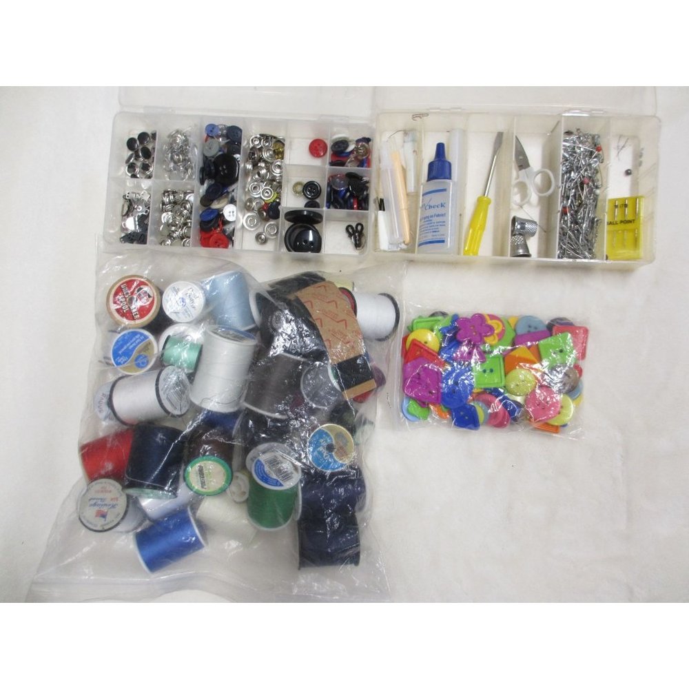 LOT OF 4 ITEMS OF SEWING SUPPLIES, LARGE BAG THREAD, BUTTONS, 2 BOXES WITH MISC